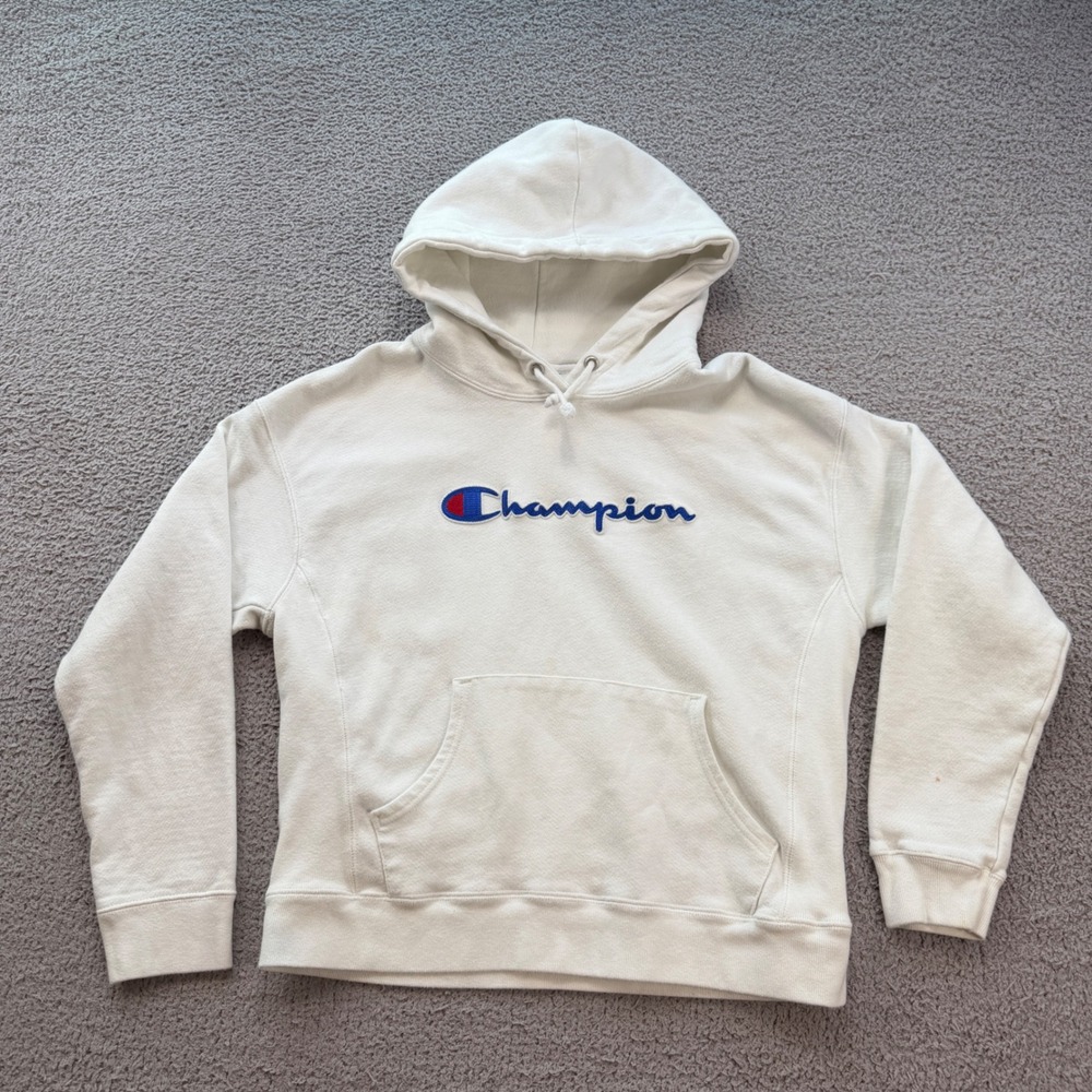 Champion Reverse Weave Hoodie Mens Large Cream White Script Logo GF757